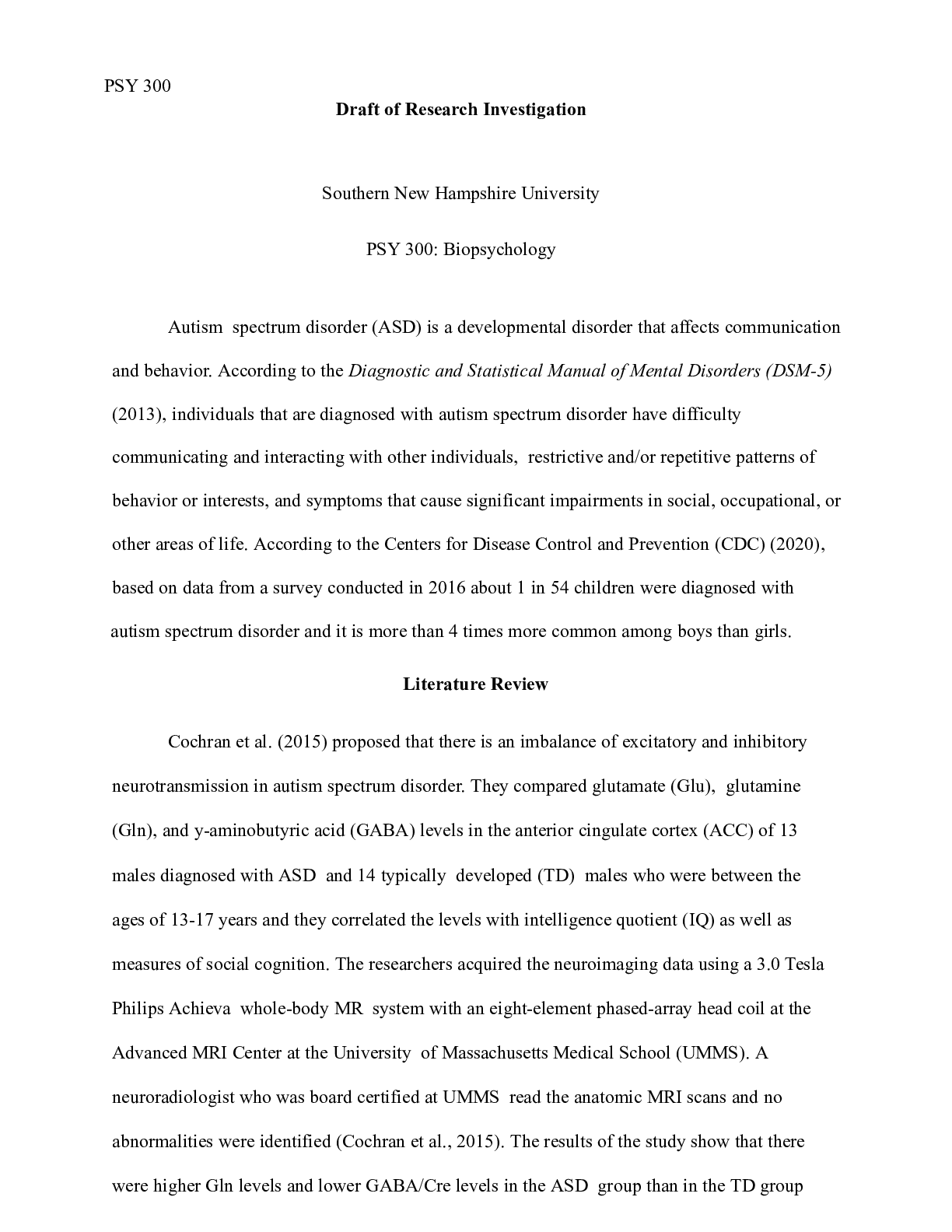 Preview image for Draft of Research Investigation.docx  PSY 300  Draft of Research Investigation  Southern N